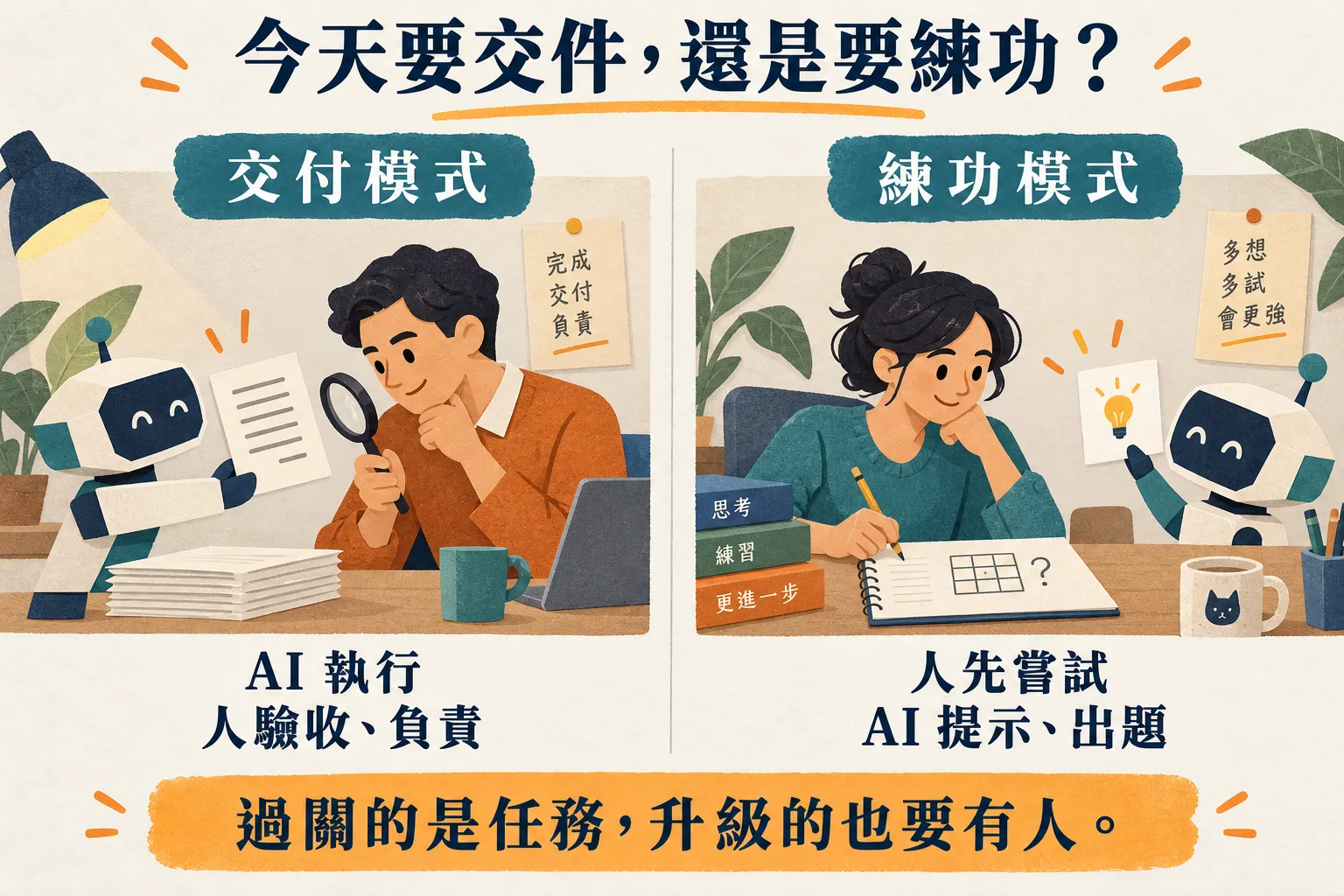 交付模式由 AI 執行、人驗收負責；練功模式由人先嘗試、AI 提示與出題