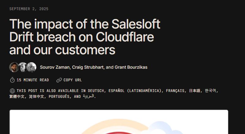 Cloudflare 官方事件說明頁首，顯示 Salesloft Drift 事件標題與 2025 年 9 月 2 日日期。