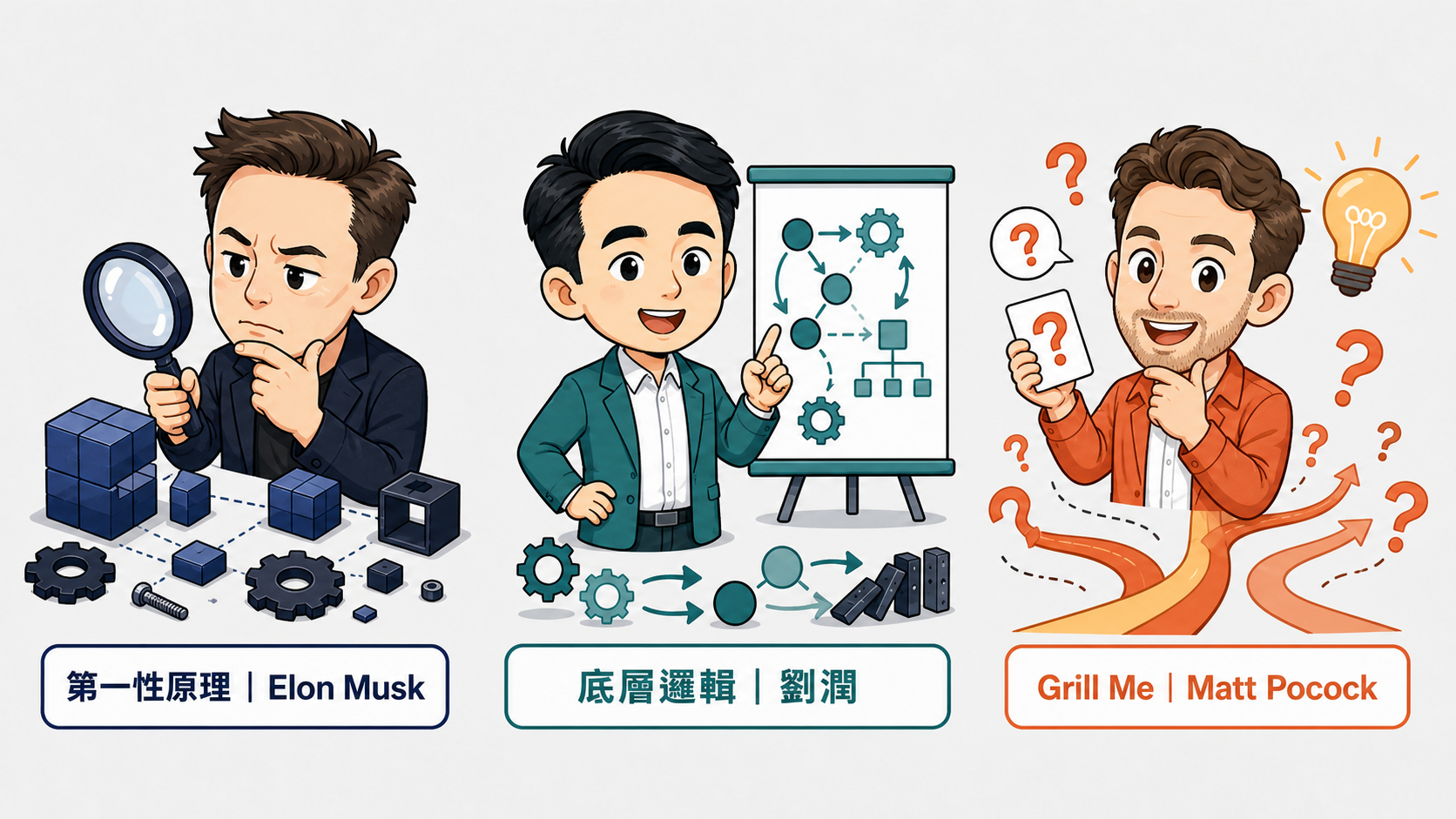 grill-us-question-to-action.png 三位 Q 版概念角色分別代表第一性原理、底層邏輯與 Grill Me,呈現拆解、演說與追問思考的不同方式